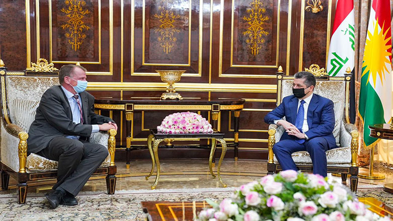 Kurdistan Region Prime Minister Masrour Barzani (right), meets with German Ambassador to Iraq Ole Diehl in Erbil, May 26, 2021. (Photo: KRG)