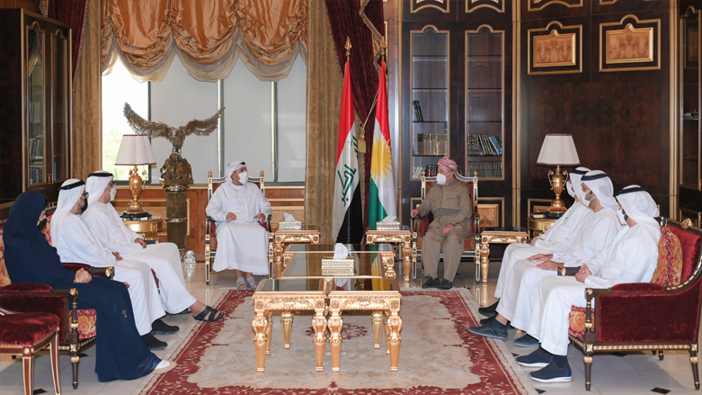 KDP President Masoud Barzani (top right) during his meeting with the UAE Red Crescent delegation in Erbil, May 26, 2021. (Photo: Barzani Headquarters)