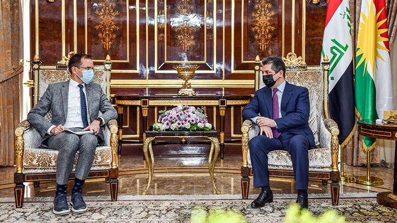 Kurdistan Region Prime Minister Masrour Barzani in meeting with Filip Vanden Bulcke, Belgium’s Ambassador to Iraq and Jordan, May 9, 2022. (Photo: KRG)
