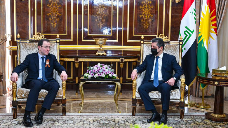 Kurdistan Region Prime Minister Masrour Barzani (right) during his meeting with Russian Ambassador to Iraq Elbrus Kutrashev in Erbil, May 10, 2022. (Photo: KRG)