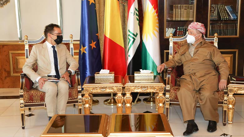President of Kurdistan Democratic Party (KDP) Masoud Barzani in meeting with Belgian Ambassador to Iraq and Jordan Filip Vanden Bulcke, Erbil, Kurdistan Region, May 14, 2022. (Photo: Barzani Headquarters)