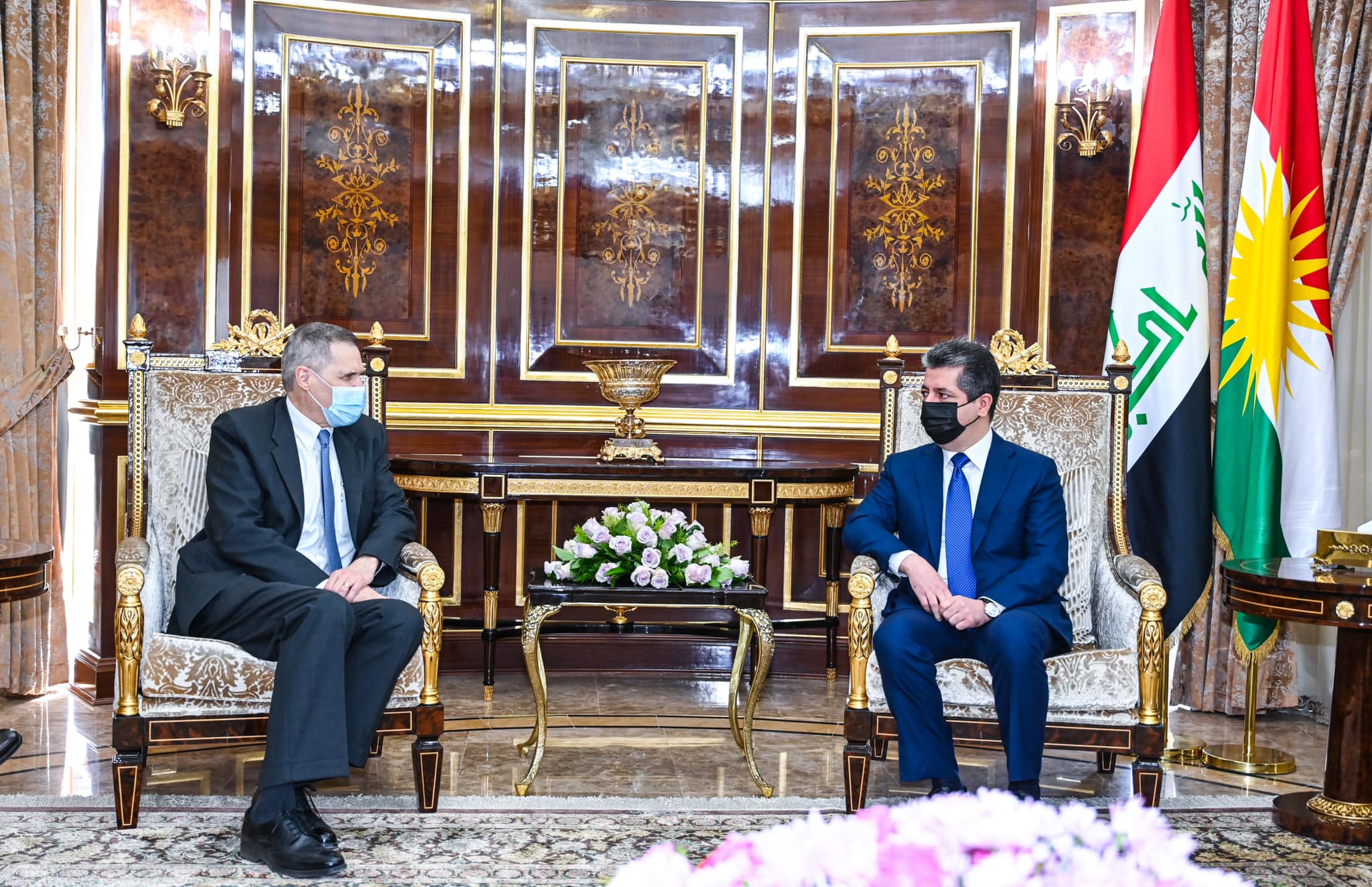 Prime Minister Masrour Barzani (right) during his meeting with the outgoing US Ambassador to Iraq Matthew Tueller in Erbil, May 16, 2022. (Photo: KRG)