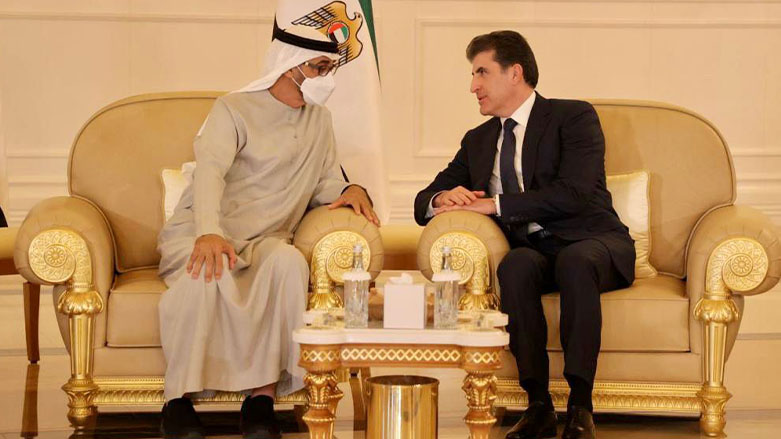 Kurdistan Region President Nechirvan Barzani (right) during his meeting with the newly appointed UAE President Sheikh Mohamed bin Zayed Al Nahyan at Abu Dhabi's Presidential Airport, May 16, 2022. (Photo: Kurdistan Region Presidency)