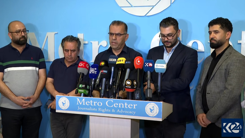 Metro Center for Journalists Rights and Advocacy press conference condemning a PKK attack on a Kurdistan 24 camera crew in Sulaimani province, Kurdistan Region, May 18, 2022. (Photo: Kurdistan 24)