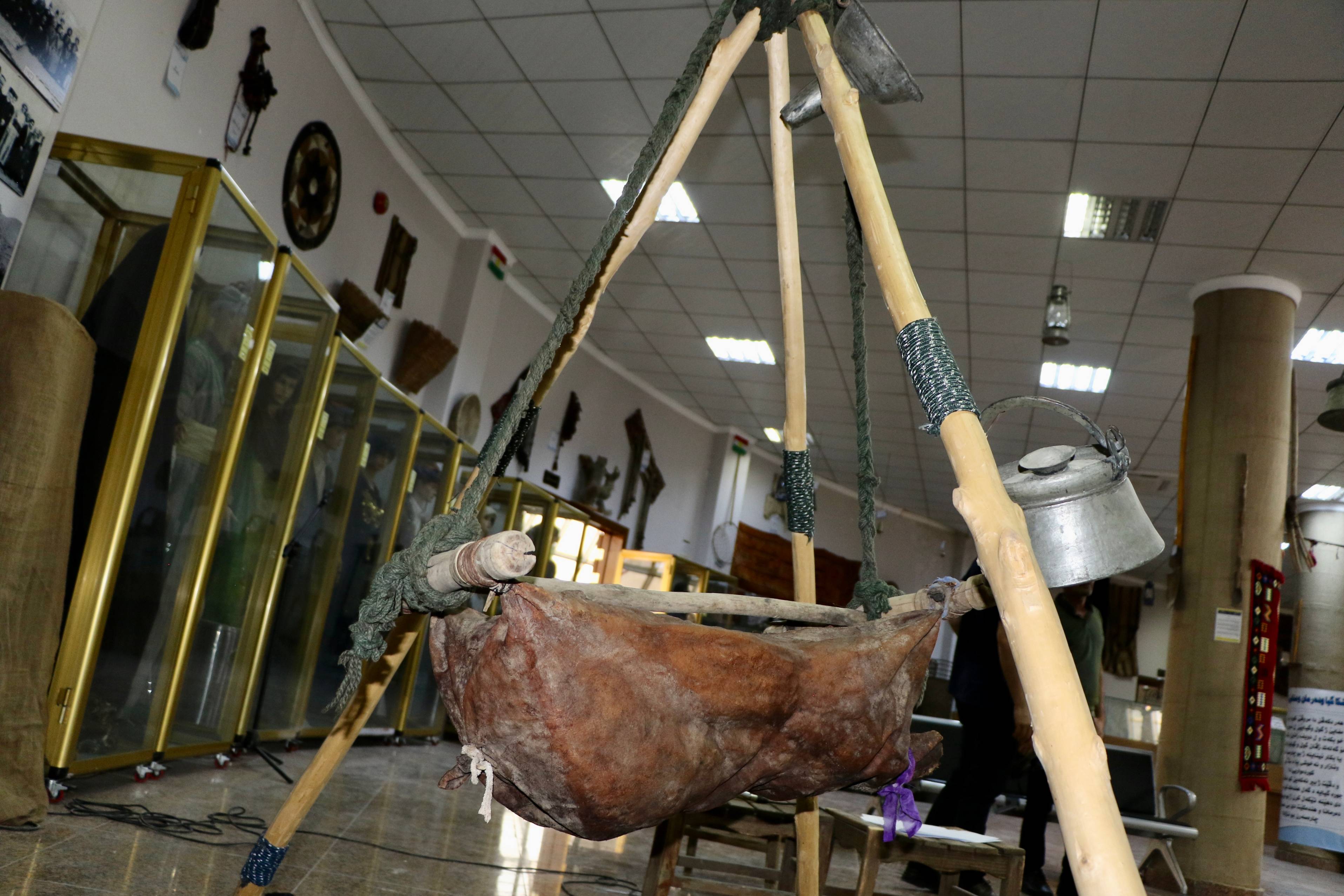 A traditional butter churn (Mashk) made out of goat’s skin in the Duhok Cultural Museum, May 15, 2022 (Photo: Kurmanj Nhili)