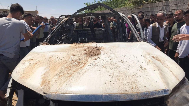 A PKK vehicle destroyed by Turkish drone attack in Makhmour camp, May 21, 2022. (Photo: circulated in social media)