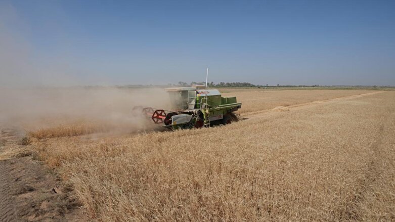 A combine harvester at the middle of a wheat field harvesting crops in Yousifiyah, Iraq Tuesday, May. 24, 2022 (Photo: Hadi Mizban/AP)