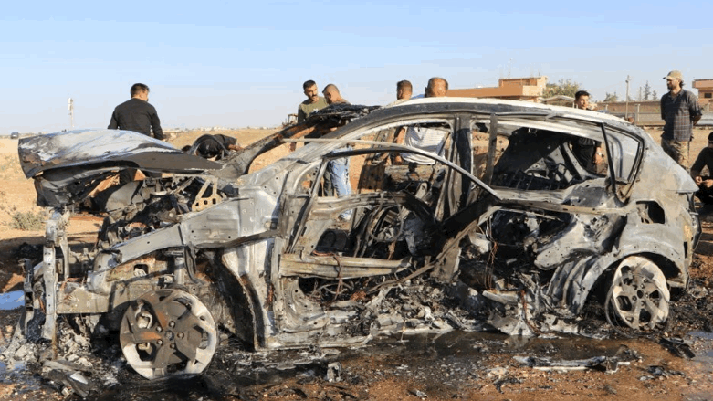 A drone strike reportedly destroyed a car near Qamishlo on Monday, May 30, 2022 (Photo: Rojava Information Centre)