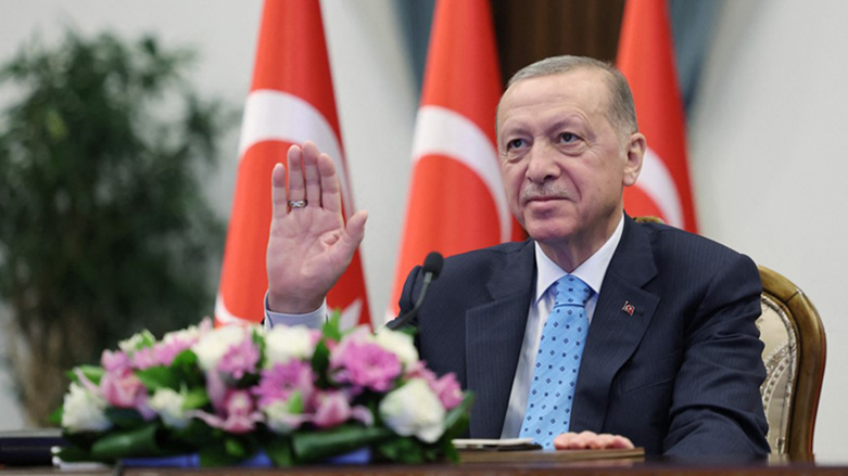 Turkish President Recep Tayyip Erdogan delivering remarks via live video link at the Presidential Complex in Ankara, Turkey, April 27, 2023. (Photo: Turkish Presidency Press Office/HO/AFP)