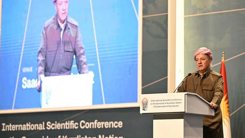 Kurdistan Democratic Party (KDP) President Masoud Barzani delivering remarks at at the International Scientific Conference on the Genocide of the Kurdistan Nations (the genocide of Faily Kurds) in Erbil, May 2, 2023. (Photo: KRG)
