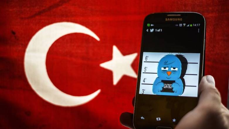 A picture representing the Twitter symbol is seen on a smartphone in front of a Turkish flag in Istanbul on March 26, 2014 (Photo: OZAN KOSE/AFP/GETTY IMAGES)