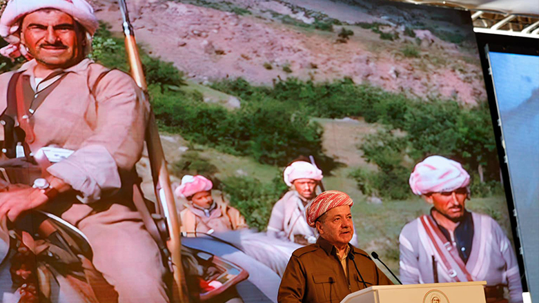 Masoud Barzani, the President of the Kurdistan Democratic Party (KDP), delivering a speech at the Barzani National Memorial ceremony, May 12, 2023. (Photo: KRG)