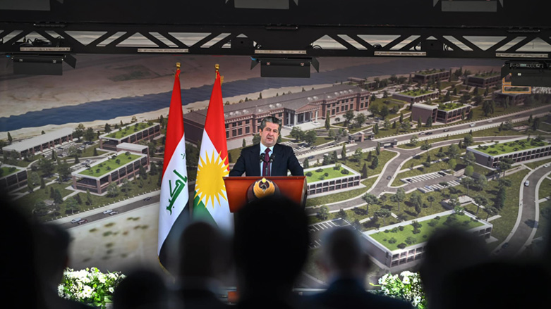 Kurdistan Region Prime Minister Masrour Barzani delvering his speech during the groundbreaking ceremony of the first-ever British International University in Erbil, Dec. 8, 2022. (Photo: KRG)