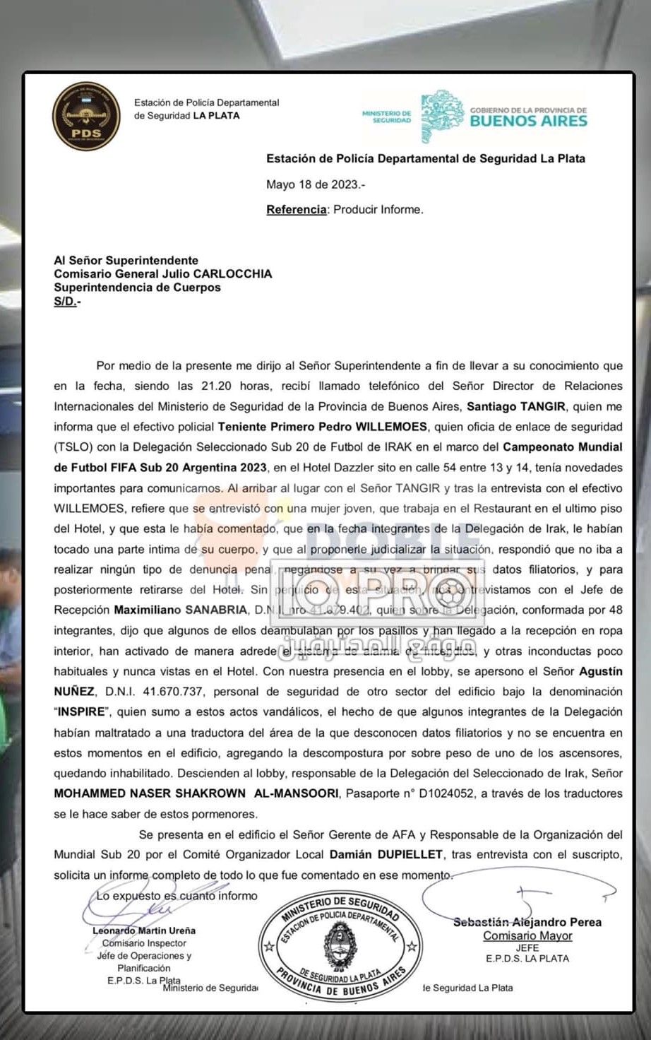 نووسراوی بنکەی پۆلیسی لاپلاتا لەبارەی هەڵسوکەوتی یاریزانانی هەڵبژاردەی لاوانی عێراق