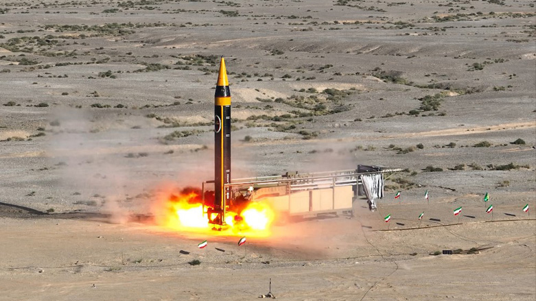 A handout picture shows the testing of the fourth generation Khorramshahr ballistic missile, named Khaibar, at an undisclosed location, May 25, 2023. (Photo:  Iranian Defense Ministry/AFP)