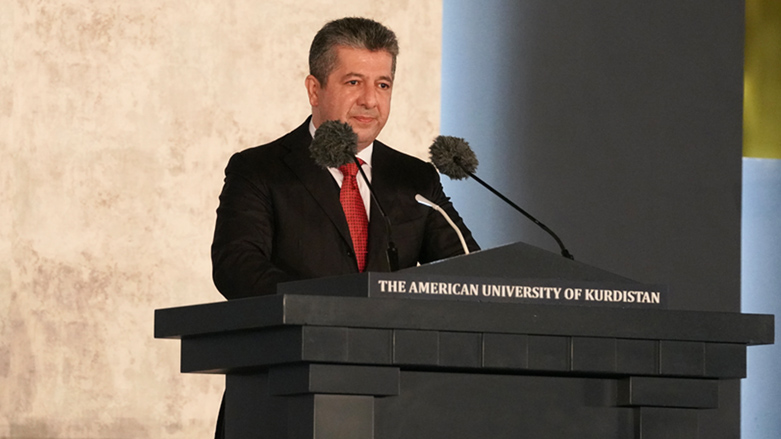 Kurdistan Region Prime Minister Masrour Barzani delivering a speech at the fourth commencement of the American University of Kurdistan (AUK), May 28, 2023. (Photo: KRG)
