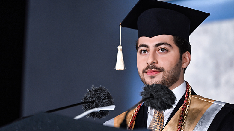AUK 2023 valedictorian Areen Masrour Barzani delivers a speech at the AUK graduation ceremony, May 28, 2023. (Photo: AUK)