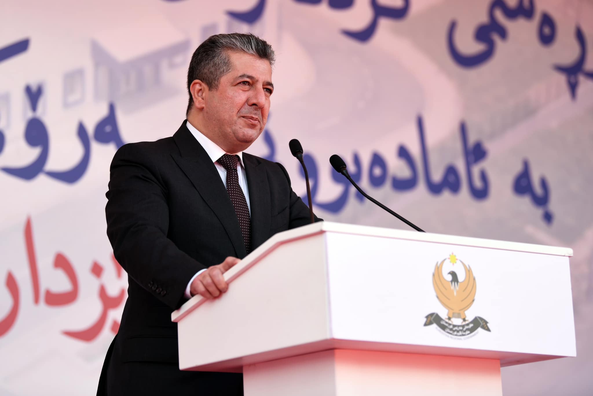 Kurdistan Region Prime Minister Masrour Barzani delivering remarks at the inauguration ceremony of Zom Factory for dairy products in Erbil, May 30, 2023. (Photo: KRG)