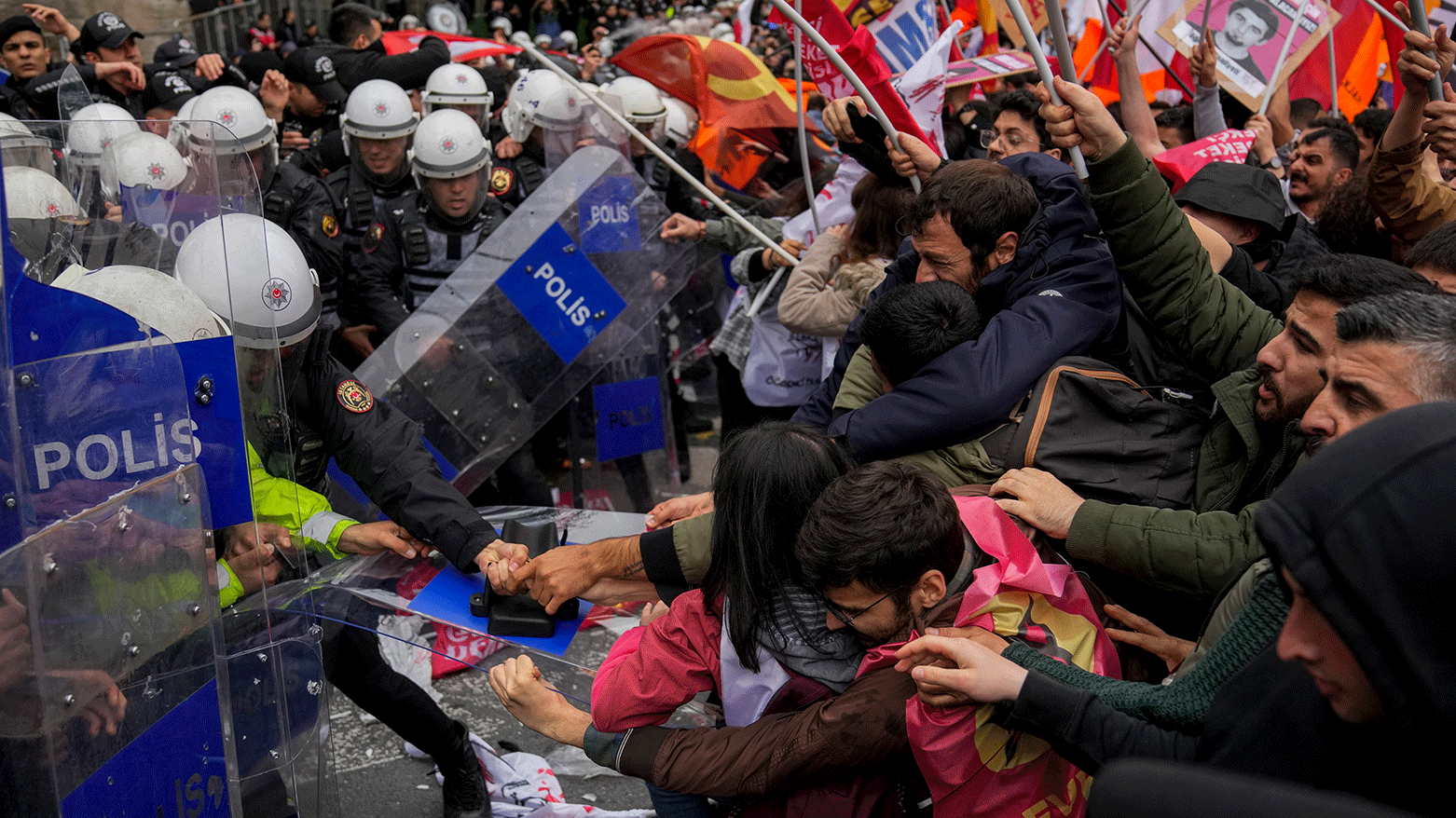 Union members clash with Turkish anti riot police officers as they march during Labor Day celebrations in Istanbul, Turkey, Wednesday, May 1, 2024.  (Photo: AP)