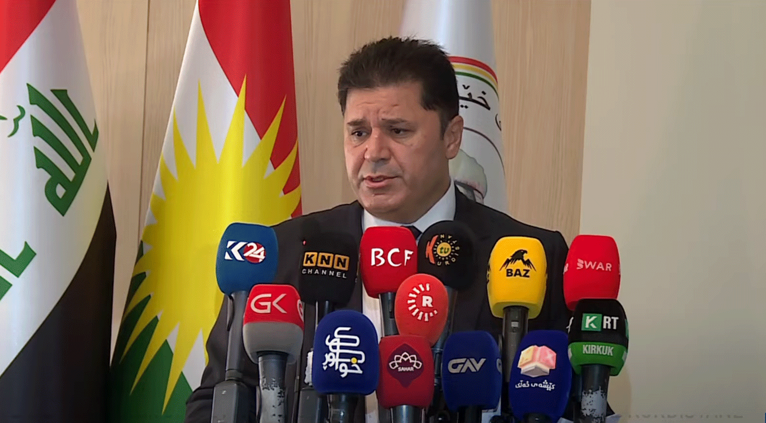 The head of the Kurdistan Regional Government (KRG) Office for International Advocacy, Dindar Zebari, speaking at the presser, Aug. 29, 2023. (Photo: Kurdistan 24)