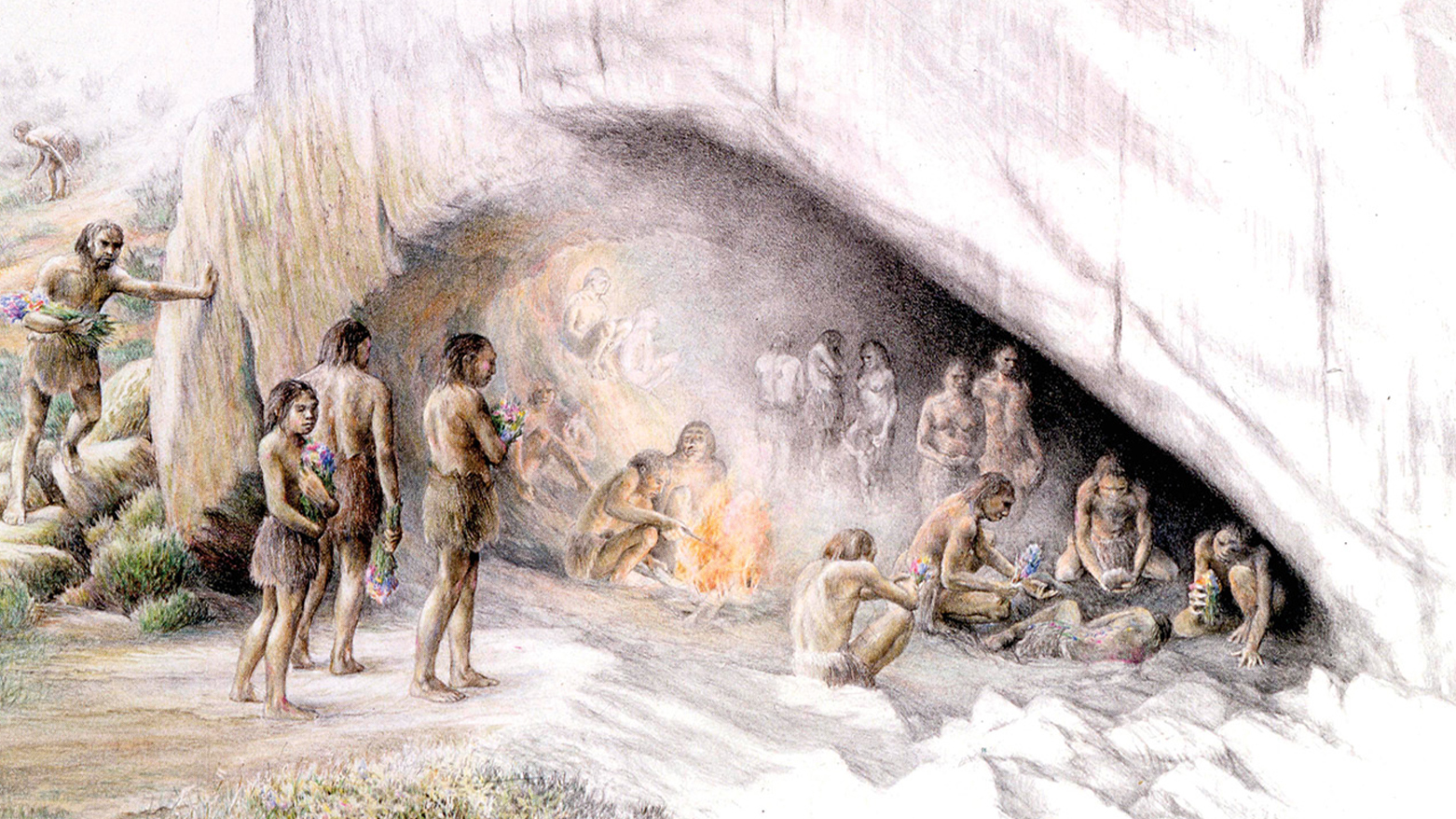 An imagined painting of a Neanderthal community. (Photo: Smith Archive)