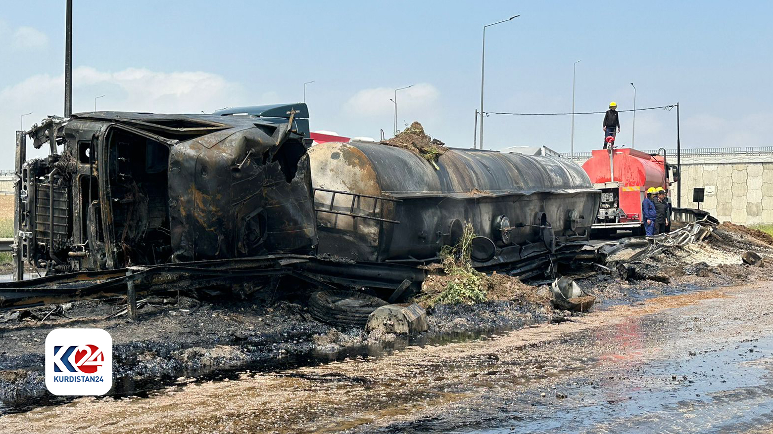The photo of the burned tanker following the incident. (Photo: Kurdistan 24)