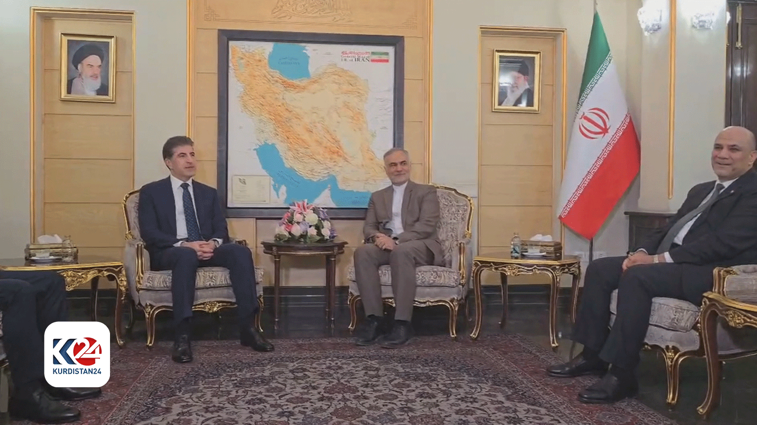 Kurdistan Region President Nechirvan Barzani (left) welcomed by a top Iranian official after arriving in Tehran, May 5, 2024. (Photo: Kurdistan24)