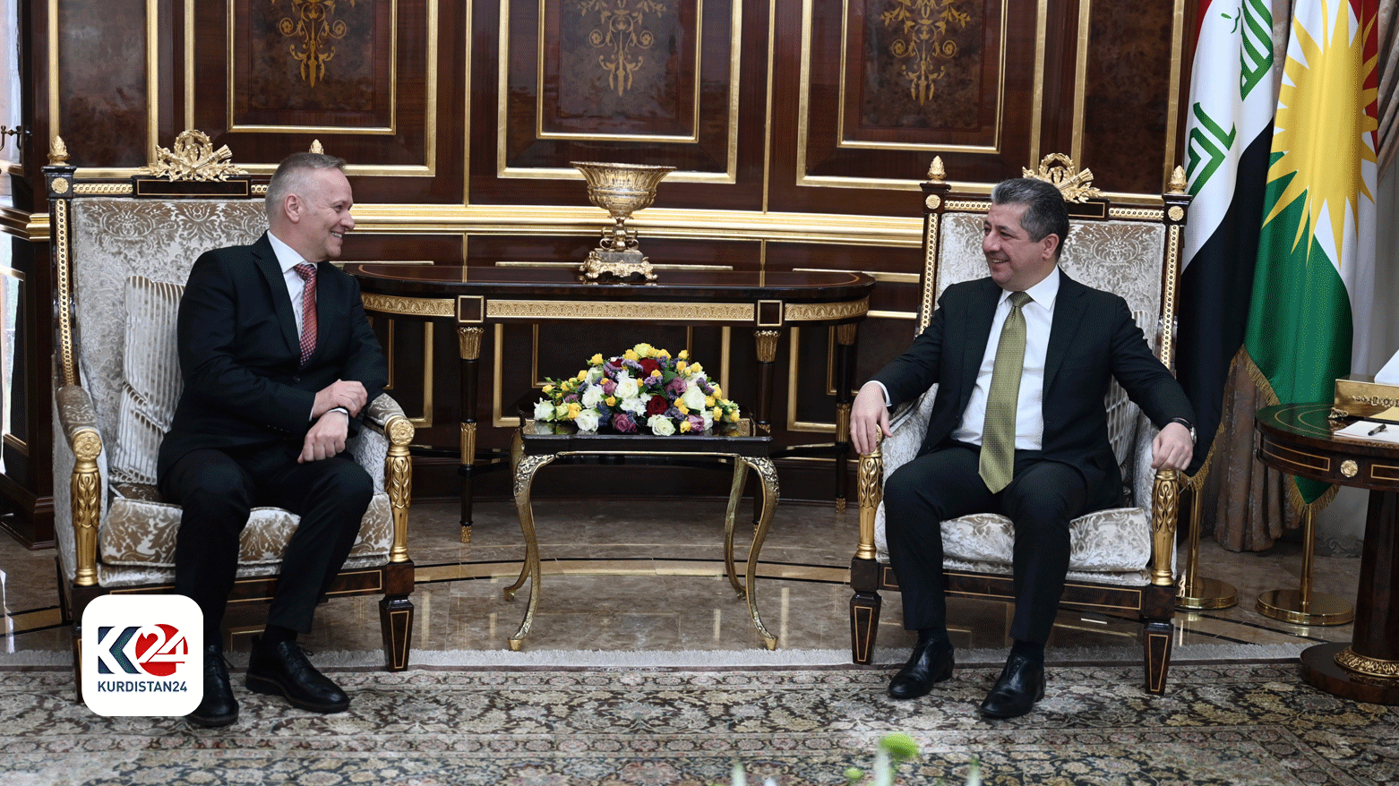 Masrour Barzani (right), the Prime Minister of Kurdistan Region and head of BCF's Board of Founders, during his meeting with Geir Fjeld, Head of International Operations of Medical Aid Initiative Norway, May 6, 2024. (Photo: KRG)