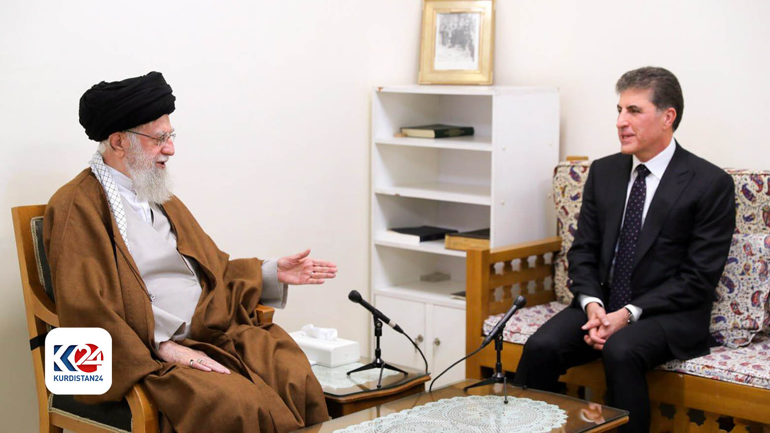 Kurdistan Region President Nechirvan Barzani (right) during his meeting with Ali Khamenei, Supreme Leader of Iran, May 6, 2024. (Photo: Kurdistan Region Presidency)