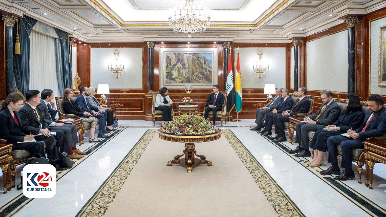 The photo of the meeting between KRG President Nechirvan Barzani and US Undersecretary Uzra Zeya, and the accompanying delegations. (Photo: KRG Presidency)