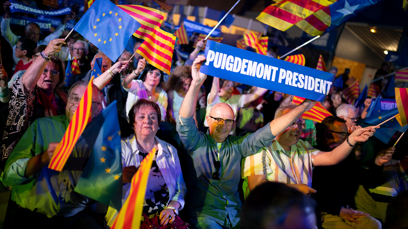 Supporters of Catalonia's former regional president Carles Puigdemont react during a campaign rally in Argelers, France, Wednesday, May 8, 2024.  (Photo: AP)