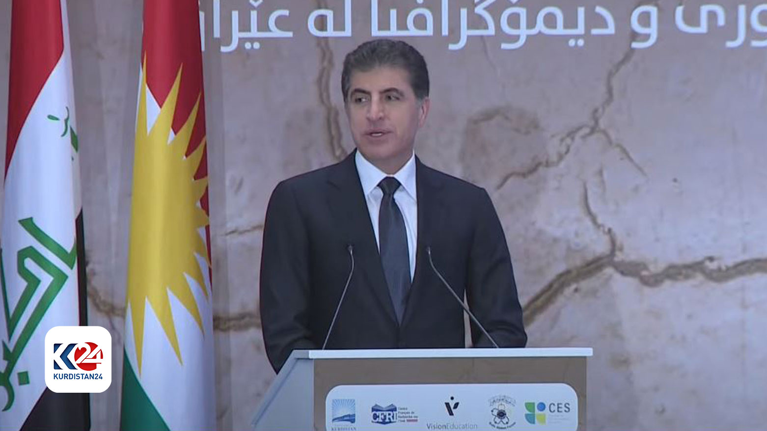KRG President Nechirvan Barzani delivering his speech at the symposium, Sunday May 12 2024. (Photo: Kurdistan 24)