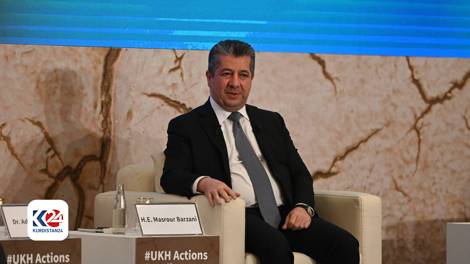 Kurdistan Region Prime Minister Masrour Barzani in the symposium on Drought and the Impact of Climate Change on the Political, Economic, and Demographic Situation of Iraq, May 12, 2024. (Photo: Kurdistan24)