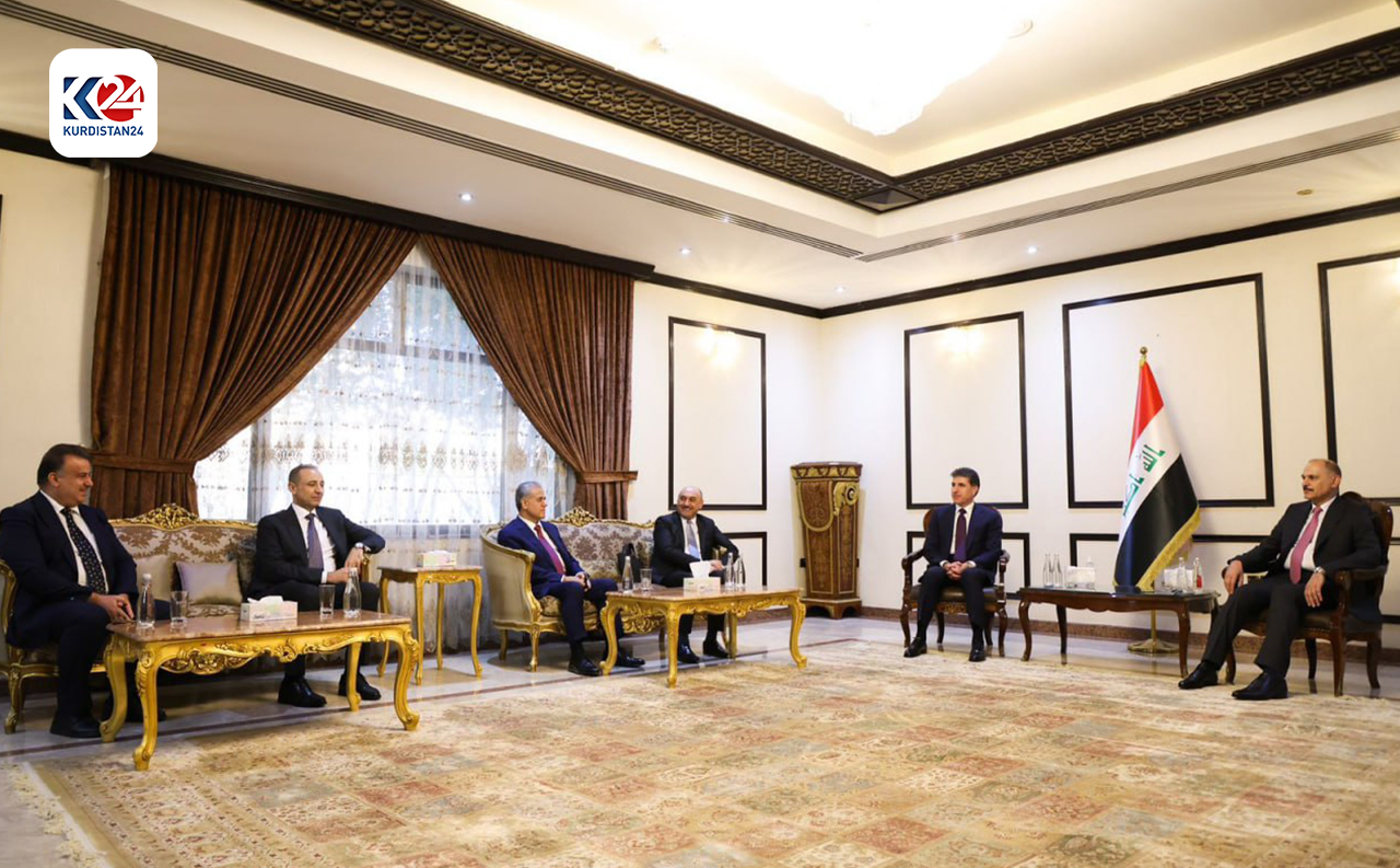 Kurdistan Region President Nechirvan Barzani (top left) during his meeting with the President of the Federal Supreme Court of Iraq, Judge Jassim Muhammad Abboud, May 14, 2024. (Photo: Kurdistan Region Presidency)
