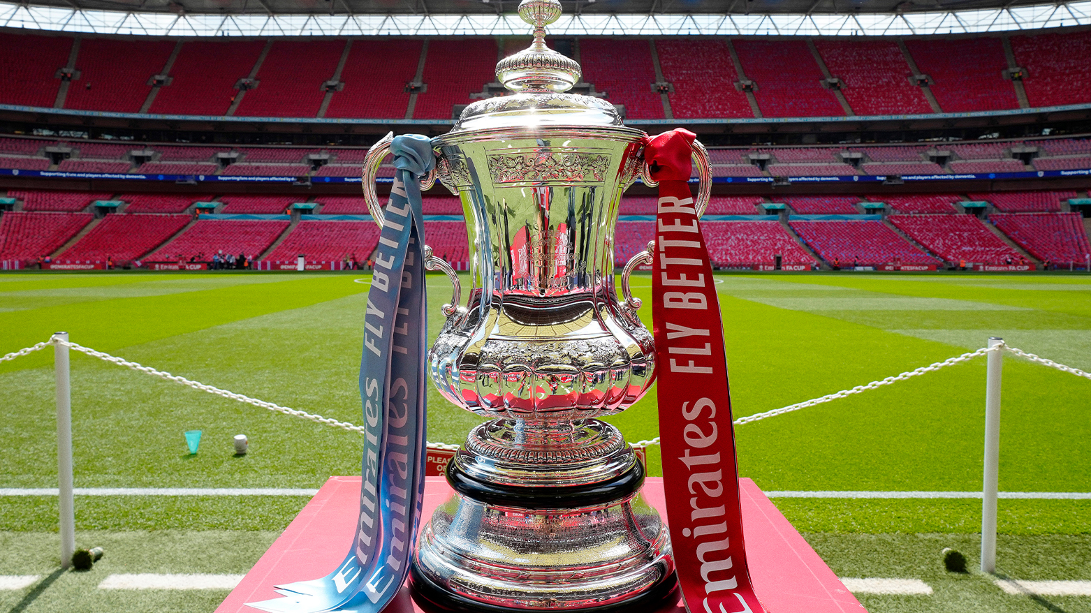 The FA Cup trophy is seen before the English FA Cup final match between Manchester City and Manchester United at Wembley Stadium in London. (Photo: AP)