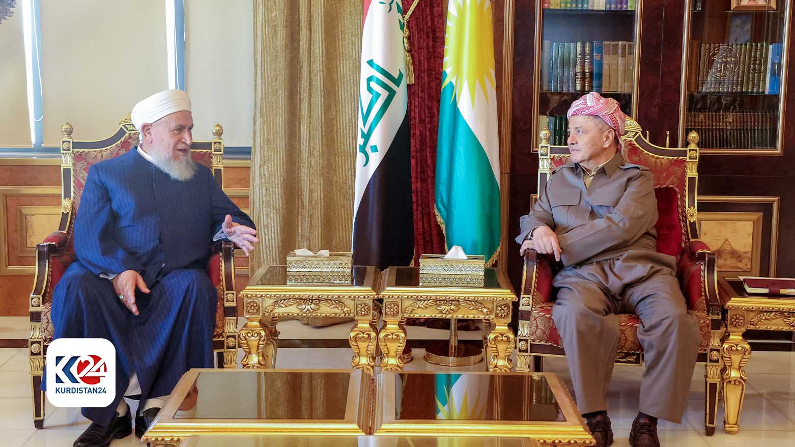 سەرۆك بارزانی پێشوازی لە شاندێكی زانایانی ئایینی بە سەرۆكایەتیی سەماحەتی شێخ ئەحمەد عەبدولرەزاق ئەلسەعدی دەكات