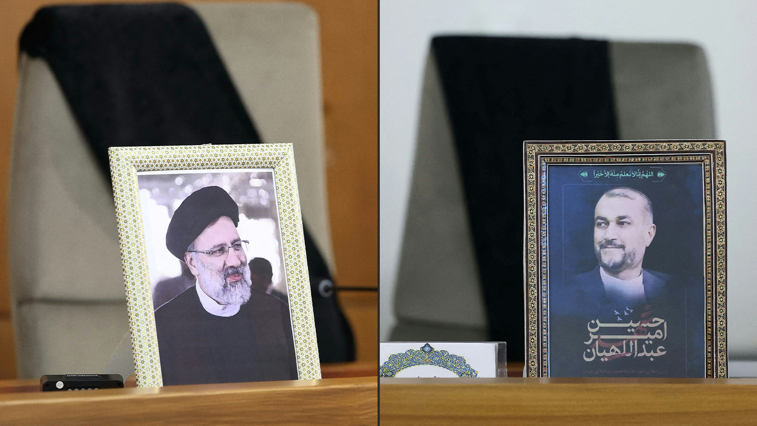 The portraits of former Iranian president Raisi (L) and former Iranian Forein minister Amir-Abdollahian (R). (Photo: AFP)