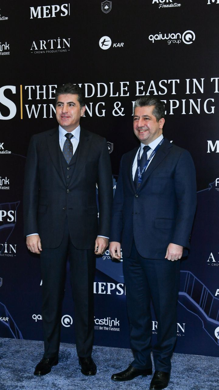Kurdistan Region Prime Minister Masrour Barzani (right) poses for a photo with Kurdistan Region President Nechirvan Barzani prior to the launch of MEPS21 at the American University of Kurdistan in Duhok, Nov. 12, 2021. (Photo: KRG)