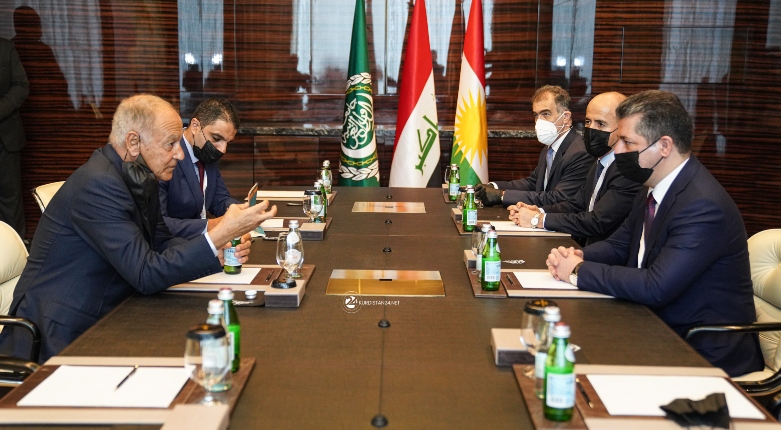 Kurdistan Region Prime Minister Masrour Barzani (right) discusses the recent Iraqi election with Arab League Secretary-General Ahmed Aboul Gheit, Nov. 20, 2021. (Photo: KRG)