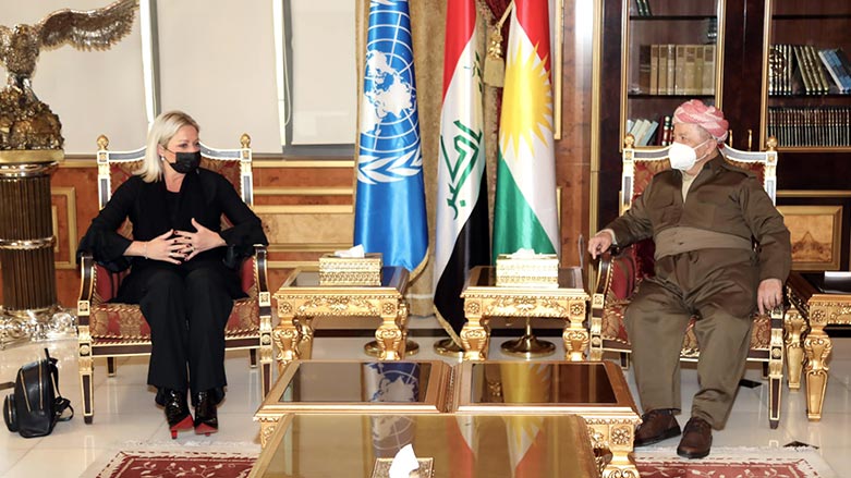 Masoud Barzani, President of Kurdistan Democratic Party (KDP), in meeting with the United Nations Secretary General Special Representative (SRSG) Jeanine Hennis-Plasschaert in Erbil, Nov. 27, 2021. (Photo: KDP)