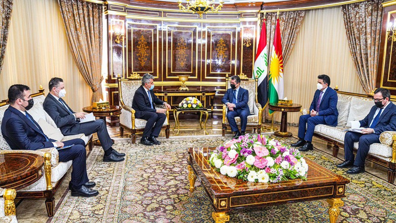 Kurdistan Region Prime Minister Masrour Barzani welcomes Italian Ambassador to Iraq Bruno Antonio Pasquino to his Erbil office, Nov. 28, 2021. (Photo: KRG)