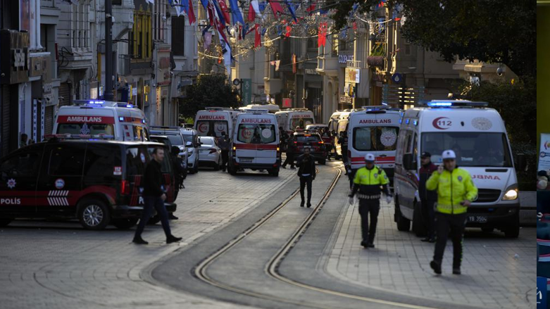 Police vehicles and ambulances are parked at the site of an explosion on Istanbul's popular pedestrian Istiklal Avenue in Istanbul, Sunday, Nov. 13, 2022 (Photo: AP)