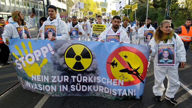 Protesters hold a banner reading "No to the Turkish invasion of Southern Kurdistan" during a demonstration against Turkey’s alleged use of chemical weapons in the Kurdish region, in Duesseldorf, Germany, Nov. 12. 2022. (Henning Kaiser/dpa v