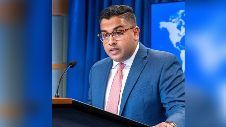 Vedant Patel, the US Deputy State Department spokesperson, speaking during a press conference. (Photo: Twitter/Patel's account)