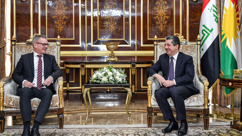 Kurdistan Region Prime Minister Masrour Barzani (right) during his meeting with Denmark's Ambassador to Iraq Christian Thorning, Nov. 21, 2022. (Photo: KRG)