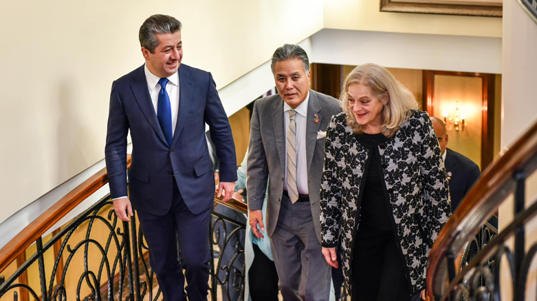 Kurdistan Region Prime Minister Masrour Barzani (left) walking alongside US Congressman Mark Takano (center) and Ambassador Alina L. Romanowski (right) in Erbil, Nov. 27, 2022. (Photo: KRG)