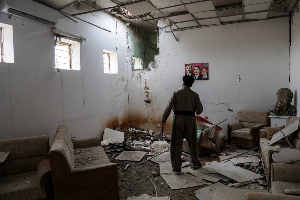 A view at damage sustained at the headquarters of the Kurdistan Democratic Party of Iran (KDPI) following an Iranian cross-border attack in the town of Koye, Nov. 26, 2022. (Photo: Safin Hamed/AFP)