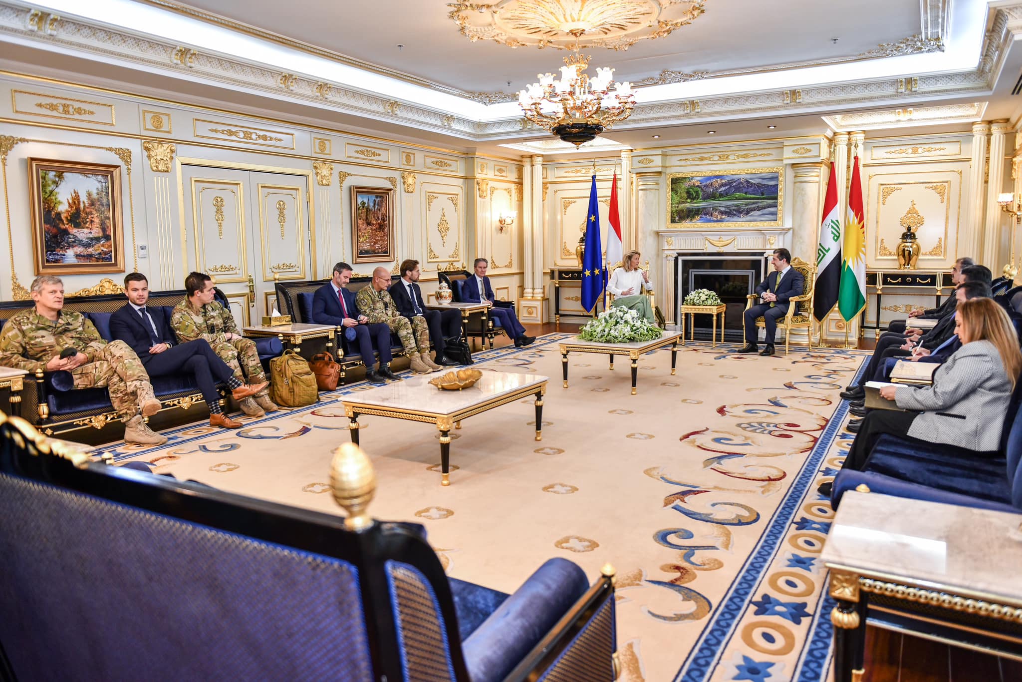 Kurdistan Region Prime Minister Masrour Barzani (top right) during his meeting with Dutch Defense Minister Kajsa Ollongren, Nov. 29, 2022. (Photo: KRG)