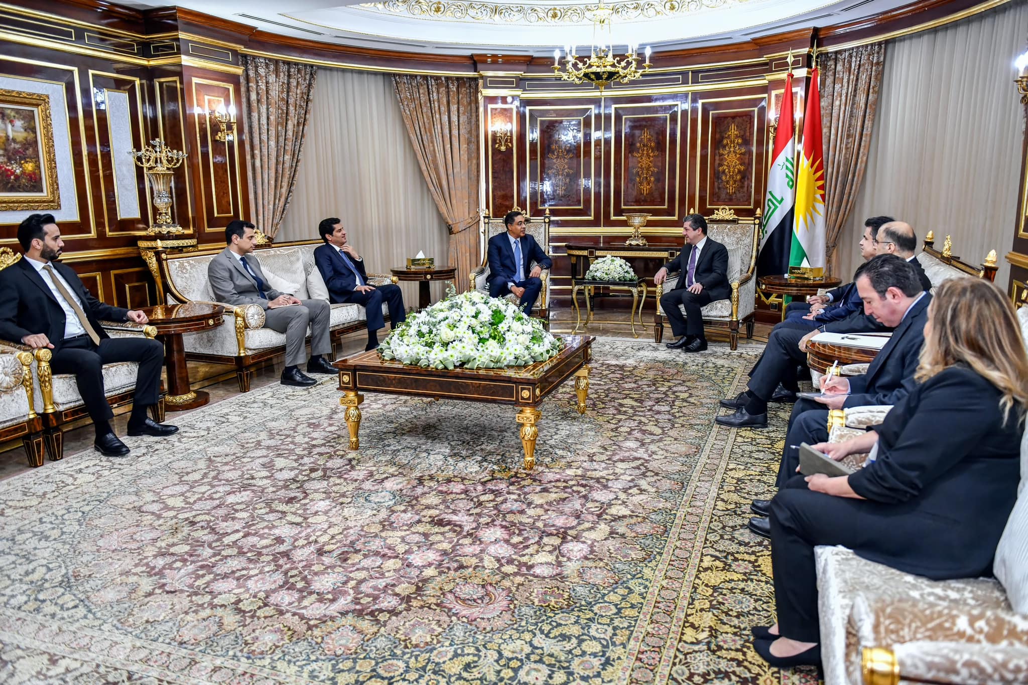 Kurdistan Region Prime Minister Masrour Barzani (top right) during his meeting with Kuwaiti Ambassador to Iraq Tariq Abdullah Al-Faraj, Nov. 30, 2022. (Photo: KRG)