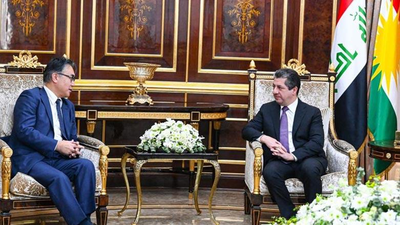 PM Barzani (top right) during his meeting with new Japanese Ambassador to Iraq Futoshi Matsumoto, Nov. 30, 2022. (Photo: KRG)
